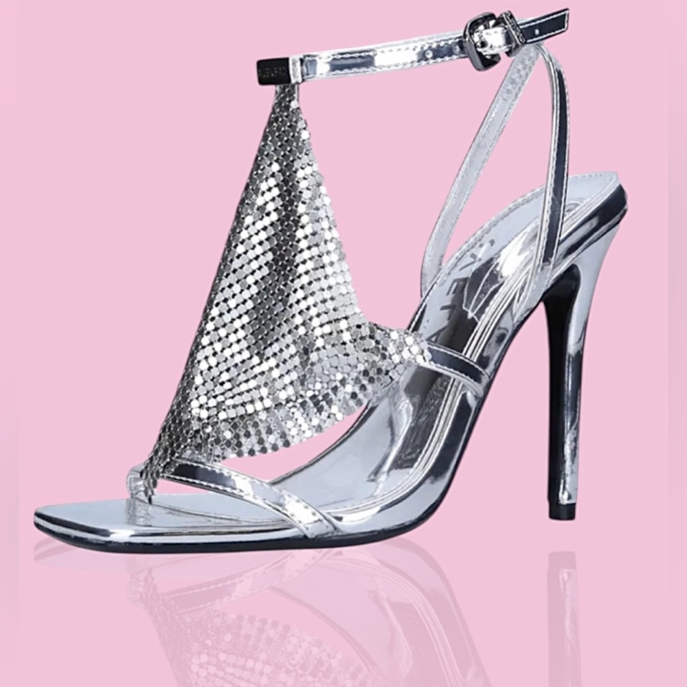 Carmela by Kurt Geiger Silver Strappy Heels Sz 7.5 New Mirror/Mesh-detailing